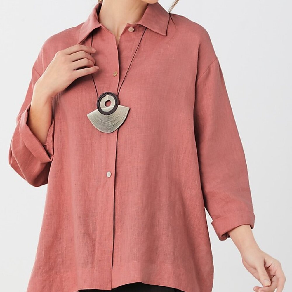Go Lightly Alexandra Shirt 100% Linen Lagenlook Button 3/4 Sleeve Coral